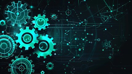 Abstract Futuristic Digital Technology Background with Teal Gears and Cogs on Black, Ideal for Modern Engineering Concepts