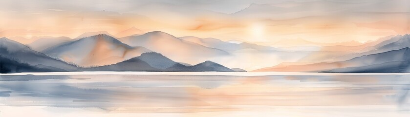 Obraz premium Serene watercolor painting of misty mountain landscape at dawn, with soft pastel colors and calm reflections in the lake.