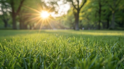 Peaceful green park with vibrant grass and sunlight filtering through trees, creating a serene and refreshing nature scene.