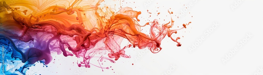 Poster vibrant abstract art with flowing splashes of colorful paint mixing in fluid motion against a white 