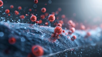 Close-up view of red molecular structures on a blue surface, highlighting scientific and technological advancements in molecular biology.