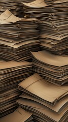A close-up shot of a stack of brown corrugated cardboard sheets. The sheets are stacked on top of each other, revealing the intricate pattern of the cardboard