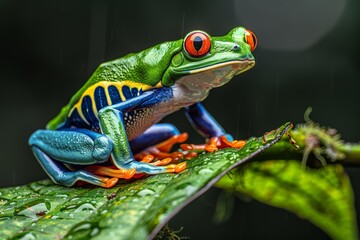 Obraz premium Inquisitive frog perched in a lush tropical oasis surrounded by vibrant greenery