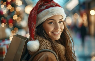 Woman In Santa Hat Shopping For Christmas