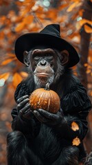 Chimpanzee Dressed as Witch Holding Pumpkin in Fall Season