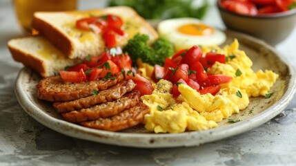 Delicious and Hearty Breakfast Plate with Scrambled Eggs, Sausage Patties, Toast, and Tomato Garnish Ready for a Perfect Morning Meal