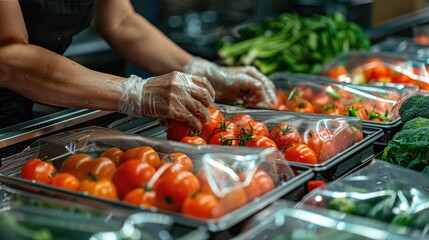 Gloved Hands Arranging Fresh Tomatoes in Clear Plastic Containers at Grocery Store