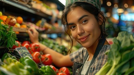 Young Female Grocery Store Worker Smiling While Arranging Fresh Vegetables on Display