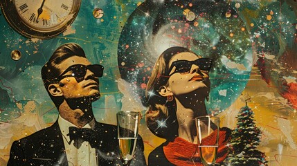 Retro Couple in Sunglasses with Champagne Celebrating Under Cosmic Art