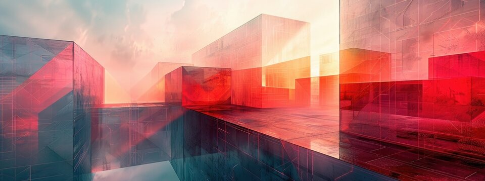 Futuristic Red Glass Buildings with Sunset Reflections and Abstract Cityscape