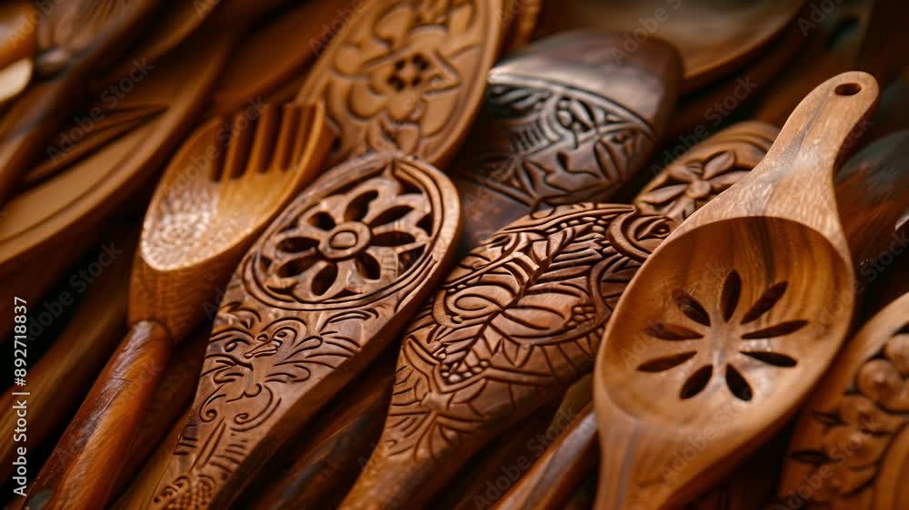 Poster a set of wooden kitchen utensils each one carefully handcarved with a different pattern or design cr