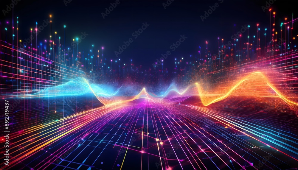 Poster neon-themed data network background with bright, glowing lines and dots in a futuristic style