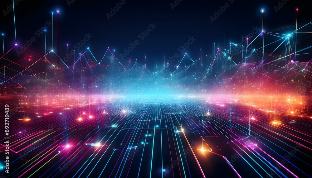 Poster neon-themed data network background with bright, glowing lines and dots in a futuristic style