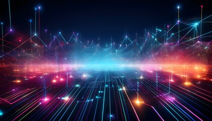Obraz premium Neon-themed data network background with bright, glowing lines and dots in a futuristic style