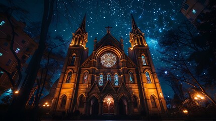 Fototapeta premium A church illuminated at night, the warm lights creating a soft glow around the building, the intricate details of the stone carvings and stained glass windows visible,
