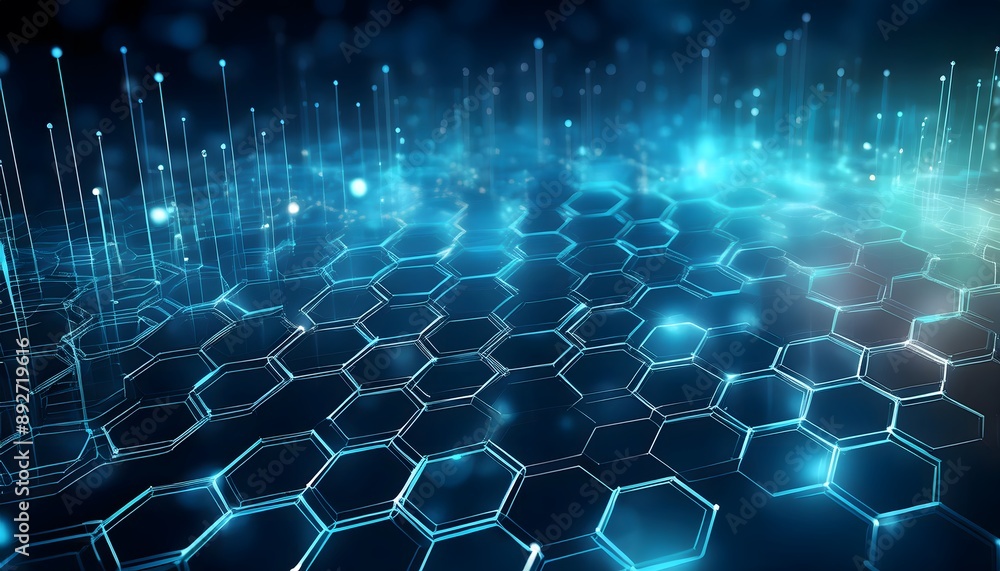 Poster hexagonal data network background with glowing blue hexagons on a dark background