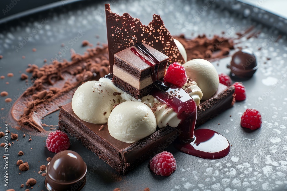 Poster Elegant chocolate dessert garnished with fresh raspberries and vanilla ice cream on a dark plate