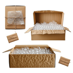 Open and packed cardboard box with packing material isolated on transparent background.