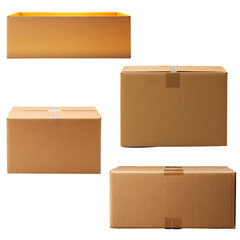 Set of cardboard boxes for packing, isolated on a transparent background.