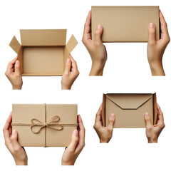 Set of hands holding cardboard box isolated on a white background.