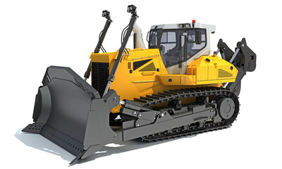 Tracked Dozer heavy construction machinery 3D rendering on white background