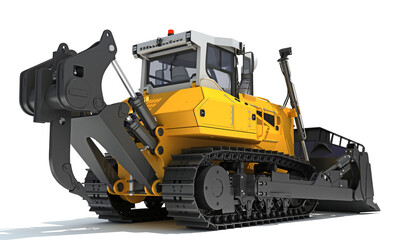 Tracked Dozer heavy construction machinery 3D rendering on white background