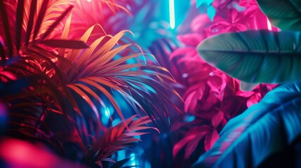 Obraz premium Tropical plants illuminated by neon lights, with bright, glowing colors and a surreal