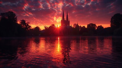 Naklejka premium A Gothic church silhouette framed by a fiery sunset, deep reds and purples in the sky, the spires sharp and distinct, the scene reflecting in a calm body of water, tranquil and majestic,