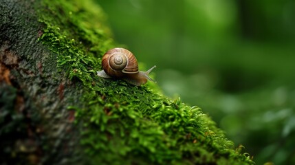 Snail slowly making its way across a moss-covered tree trunk