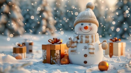 Snowman With Gifts In Snowy Forest