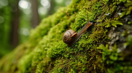 Obraz premium Snail slowly making its way across a moss-covered tree trunk