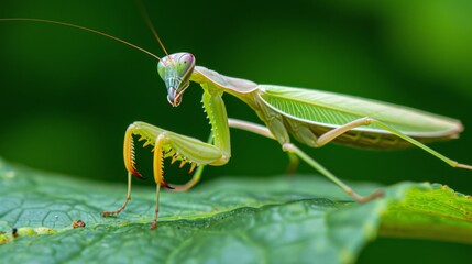 Praying mantis perched on a green leaf, with intricate details of its body and the texture of the leaf