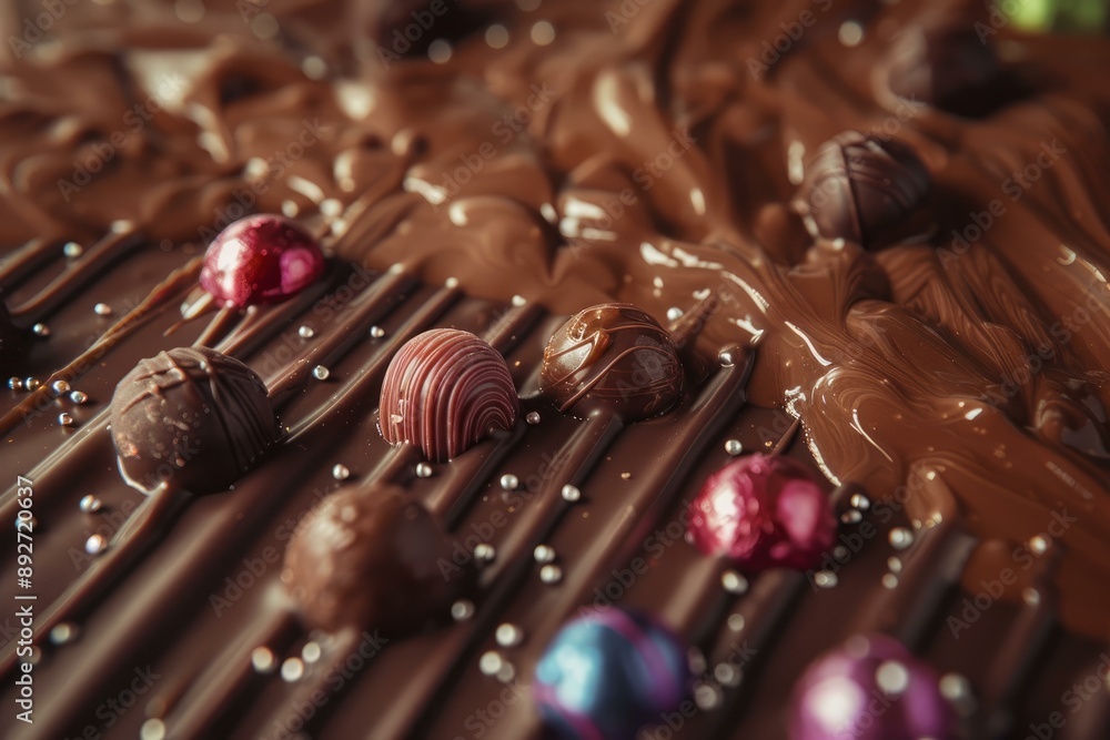 Poster Closeup of various gourmet chocolates on a luscious, melted chocolate backdrop