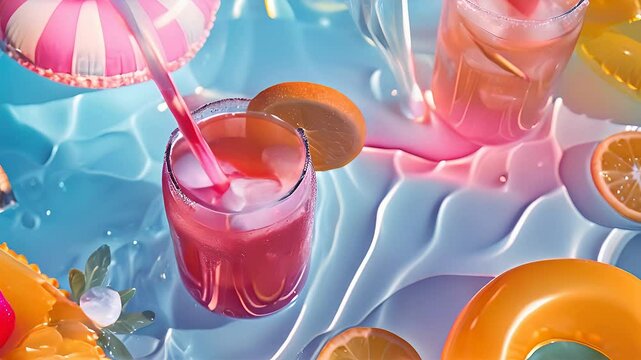 Cool summer drinks with fruit garnishes float in a blue pool