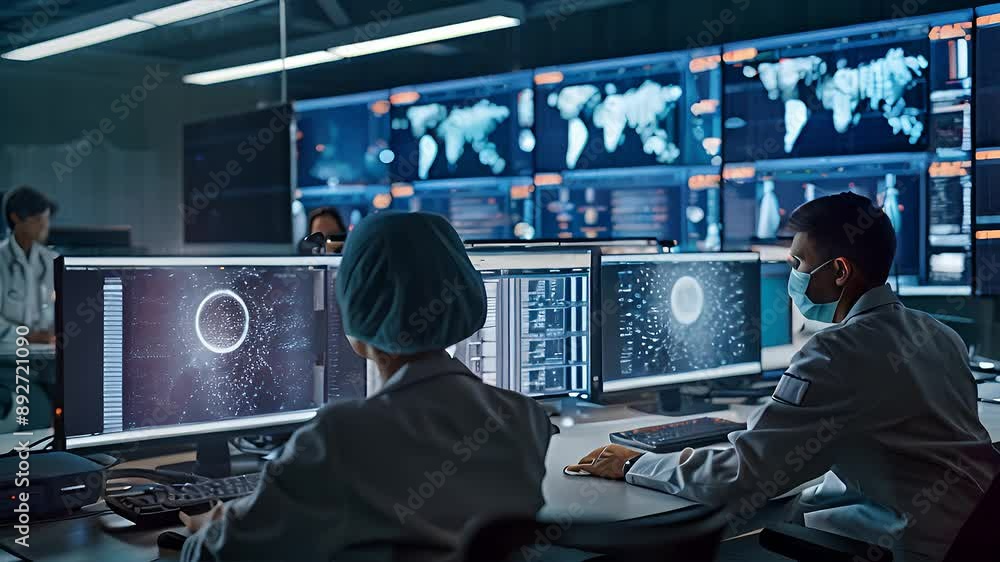 Poster technicians work at computer stations in a control room