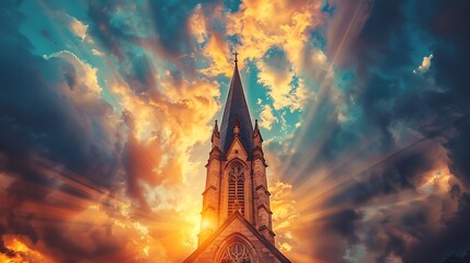 Fototapeta premium A tall church steeple with intricate designs, reaching towards a sky filled with dramatic clouds, the details highlighted by golden hour sunlight, a sense of elegance and grandeur,