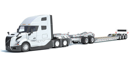 Semi Truck with Lowboy Platform Trailer 3D rendering on white background