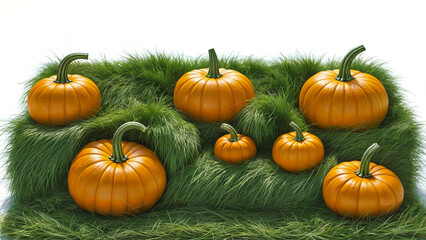 Pumpkins on lush green grass.