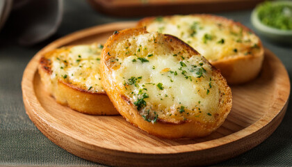 Garlic bread with melted cheese on wooden plate. Fresh out of the oven. Tasty snack. Delicious food