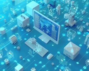 Computer interface evolution  diverse icons and graphics showcasing technological advancements
