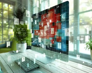 Technological progress  computer interface with varied icons illustrating advancements in technology