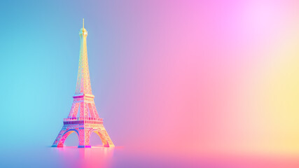 Eiffel Tower in vibrant neon hues against pastel gradient background. Evokes spirit of travel in France, blending iconic landmarks with Memphis style&rsquo;s bold colors and geometric shapes. Copy space