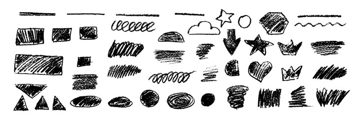 Black underline pencil hand drawn various ellipses, crowns, doodle cloud and sun, arrow, star, triangle and heart. Vector grunge charcoal pencil curly lines, squiggles and shapes. Rough crayon strokes
