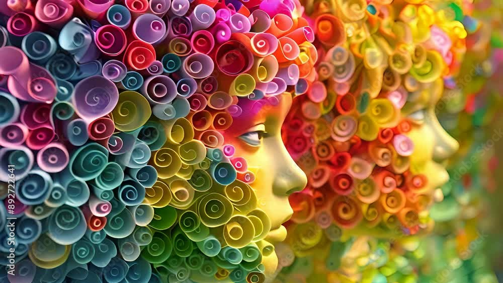 Poster close-up of an art installation featuring colorful paper rolls creating the shape of a face