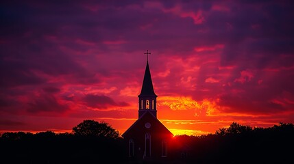Obraz premium Silhouette of a church steeple against a dramatic sunset, vivid shades of orange and purple, the steeple's outline clear and distinct, a few clouds adding depth to the scene, serene and picturesque,