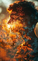 Fototapeta premium summer 3d background, sun, close up, focus on, bright tones, Double exposure silhouette with sun
