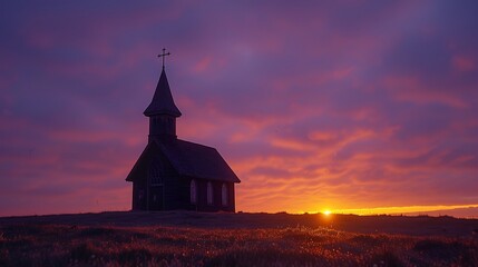 Fototapeta premium Silhouette of a historic chapel against a sunset sky, golden and lavender hues, the chapel's cross prominent against the fading light, a peaceful countryside setting,