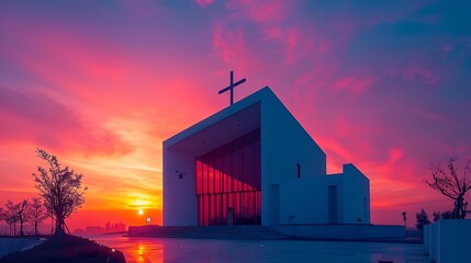 Fototapeta premium Silhouette of a modern church with sleek architecture against a vivid sunset, bright oranges and pinks blending in the sky, the church's outline bold and striking, serene and contemporary,