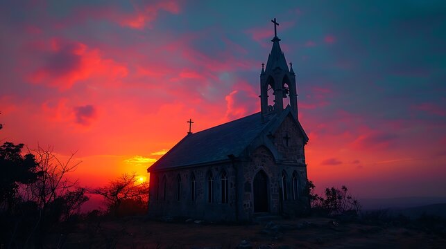 Silhouette of an old stone church against a vibrant sunset, rich hues of orange and pink, the church's details dark and mysterious, the sky ablaze with color, peaceful and majestic,