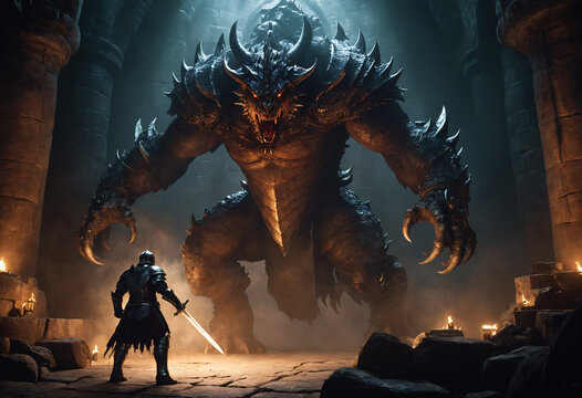 Brave Knight Confronting a Massive Monster in Dungeon. | Caballero Valiente Enfrentando a un Monstruo Enorme en la Mazmorra.